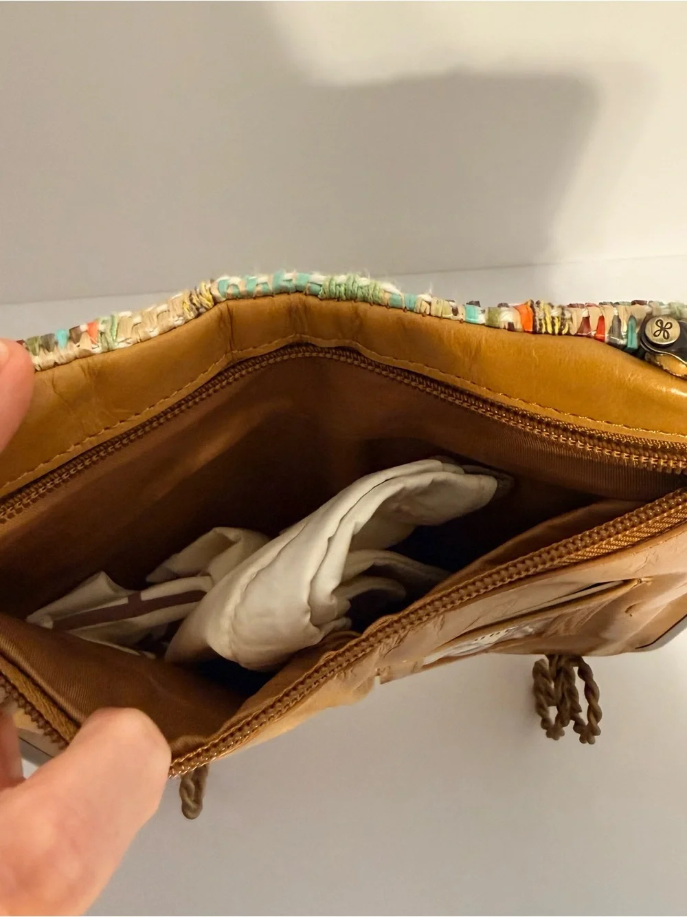 HOBO Multicolor Woven Clutch with Tan Leather Flap